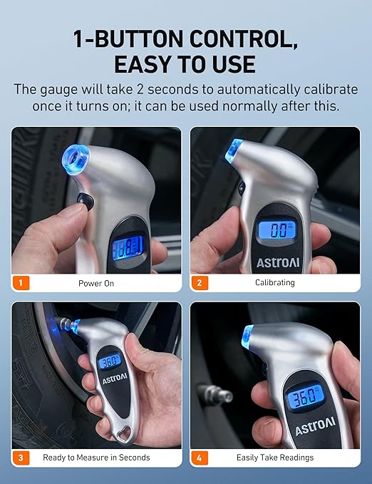 AstroAI Digital Tire Pressure Gauge 0-150PSI Calibrated to ANSI B40.7 +/-1PSI, 4 Units for Car Truck Bicycle with Backlight LCD and Presta Valve Adaptor, Sliver, 4Pack
