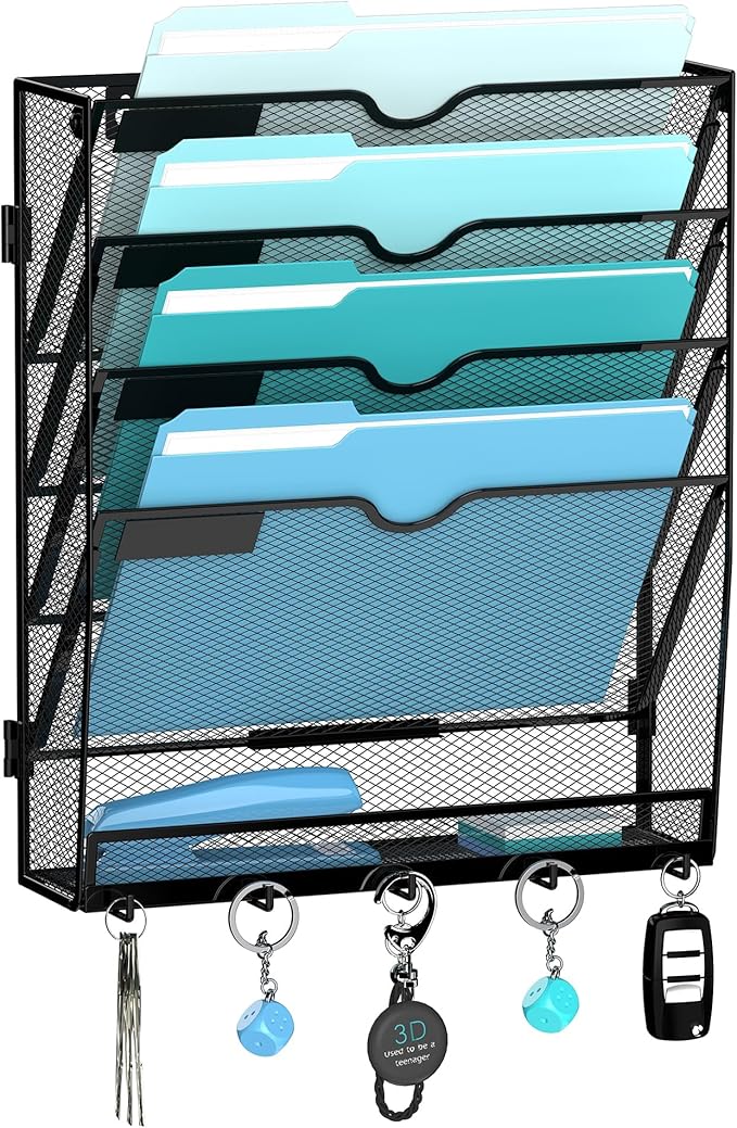 5 Tier Wall File Organizer - Hanging File Organizer with 5 Hooks, Mail Holder Wall Mounted for Papers, Folders, Magazines, Bi