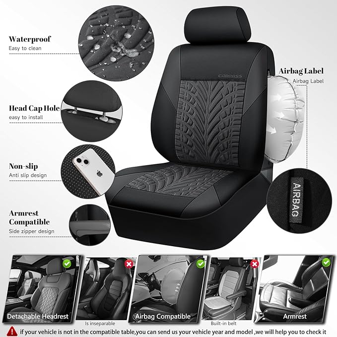 CAR PASS Neoprene Waterproof Seat Covers Two Front, Wetsuit Car Seat Covers 2pcs Universal Fit for Vans, Truck, SUV, 3D Tyre 