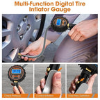 Digital Tire Pressure Gauge with Inflator, 250 PSI Heavy Duty Air Chuck Air Compressor Attachments, Improved Leaks Protection & Stainless Braided Hose Tire Gauge with a Portable Carrying Box