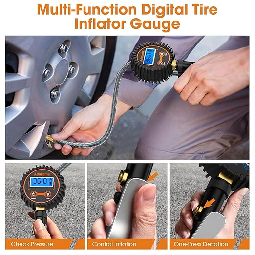 Digital Tire Pressure Gauge with Inflator, 250 PSI Heavy Duty Air Chuck Air Compressor Attachments, Improved Leaks Protection & Stainless Braided Hose Tire Gauge with a Portable Carrying Box