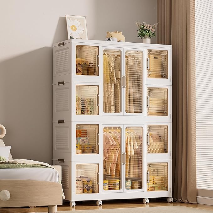 Portable Wardrobe Storage Cabinet, Large Closet Organizer with Magnetic Doors and Wheels, Portable Kids Closet with 2 Hanging