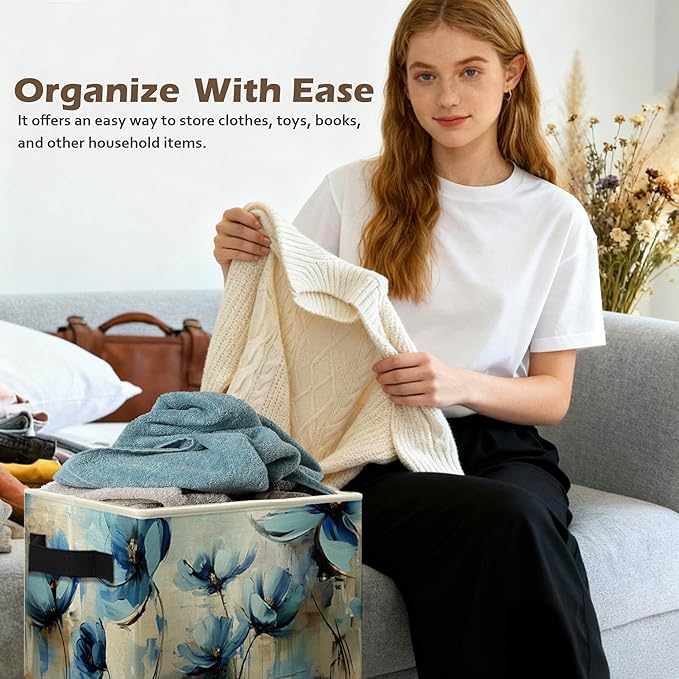 Abstract Blue Floral Storage Box Bins, Modern Impressionism Flower Botanical Collapsible Storage Basket Organizer for Bedroom