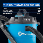 Vacmaster Blue Line 12-Gallon* 5 Peak HP† Wet/Dry Vacuum with Detachable Blower VBV1210