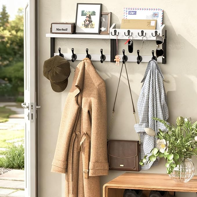 29'' White Coat Rack Wall Mount with Shelf, Solid Wood Coat and Key Hanger with 11 Metal Hooks, Farmhouse Wall Organizer for 