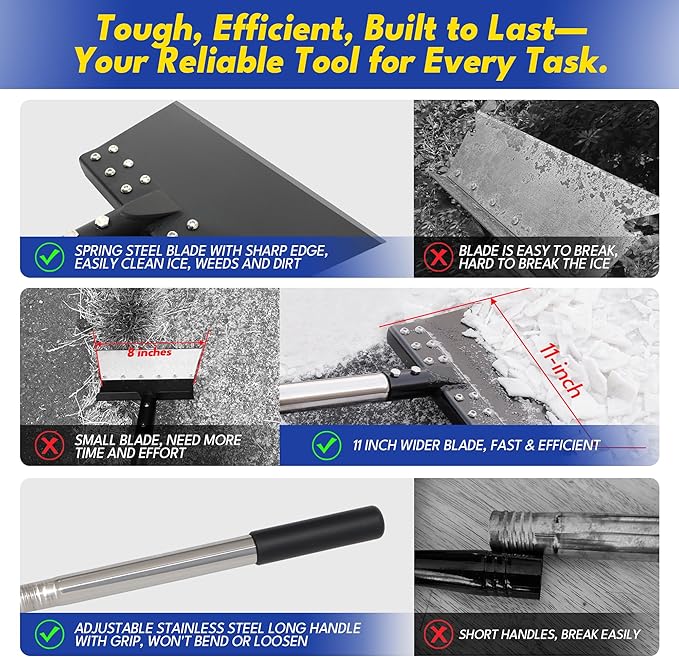 Ice Scraper for Driveway 65in Garden Flat Shovel Ice Chopper Heavy Duty Multi Weeding Shovel with 11in Spring Steel Blade Floor Scraper for Ice, Snow, Weed，Dirty, Moss, Driveway, Lawn Edging