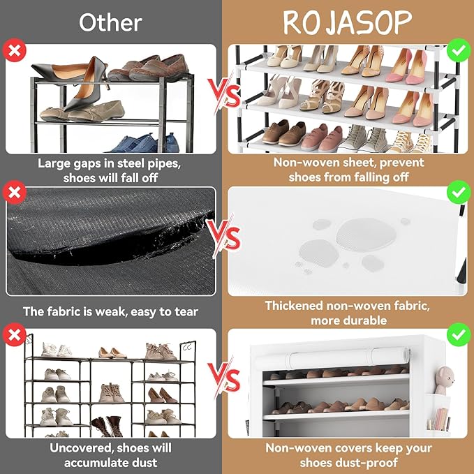 ROJASOP Shoe Rack with Covers 10 Tier Large Shoe Organizer Tall Shoe Closet Storage for 50-55 Pairs Shoe and Boot, Free Stand