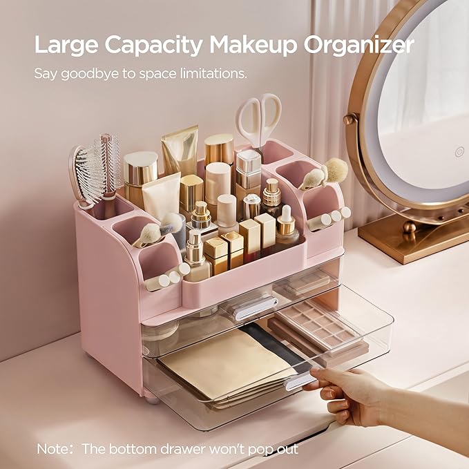 HBlife Makeup Organizer for Vanity with Brush Holder, Large Bathroom Countertop Cosmetic Organizer Skin Care Storage, Easy to