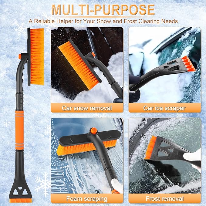 LivTee 32" Extendable Ice Scraper & Snow Brush for Car Windshield, 360° Rotating Snow Removal Tool for Cars, Trucks & SUVs, Automotive Winter Essentials & Car Accessories for Men, Orange