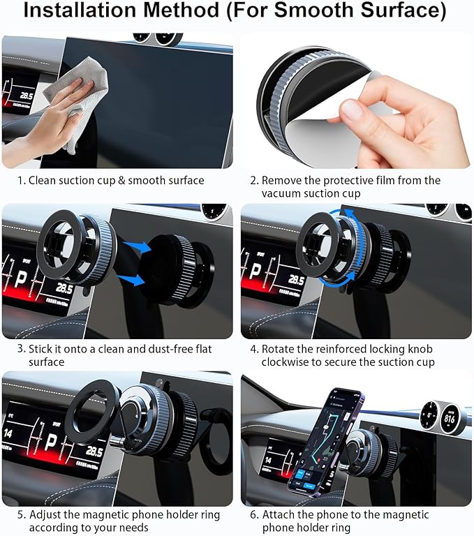 Vacuum Magnetic Car Phone Holder Stand,360° Adjustable Car Phone Mount for Magsafe with Suction Cup & Swivel Lock,Foldable Phone Holders for Your Car,Cell Phone Car Mount for iPhone & Android
