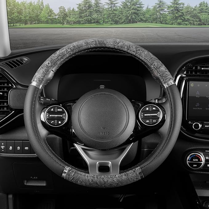 BDK Chrome Wood Grain Black & Gray Steering Wheel Cover for Cars, Trucks, Van, SUVs - Elegant and Comfortable Grip Accessorie
