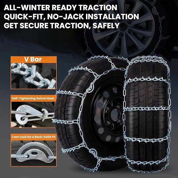 Super Grip V-Bar Ice & Snow Chains 2 Pack for Cars & SUVs - 14" to 18" Tire Anti-Slip Ice & Deep Snow Traction, Easy Installa