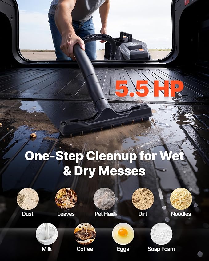 VEVOR Commercial Shop Vac, 11 Gallon Wet Dry Shop Vacuum, 5.5 Peak HP Portable with One-Button Self-Cleaning, 1350W Input, 1.