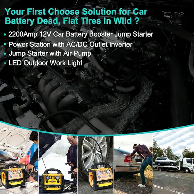 Jump Starter with Air Compressor 150PSI, Upgraded 2200A Peak 6 in 1 Portable Car Battery Booster, 12V Jump Box with 400W