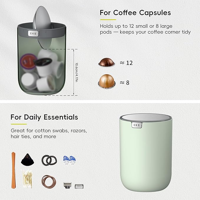 EKO Fandy 0.4 Gal/1.5L Mini Tabletop Trash Bin with Swing-Lid, Desktop Trash Can for Bathroom Countertop, Vanity, Coffee or Office, Small Garbage Bin (Sage)