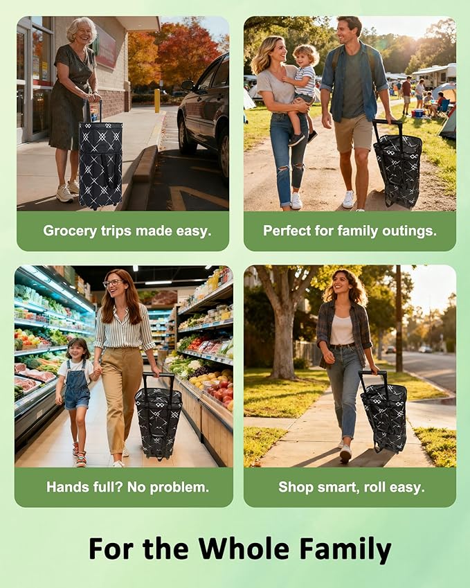 Foldable Rolling Bag, Portable Small Shopping Cart with Wheels, Collapsible Shopping Tote with Stylish Pattern for Market & Grocery Runs–Gift for Women & Seniors, Pro L, Green