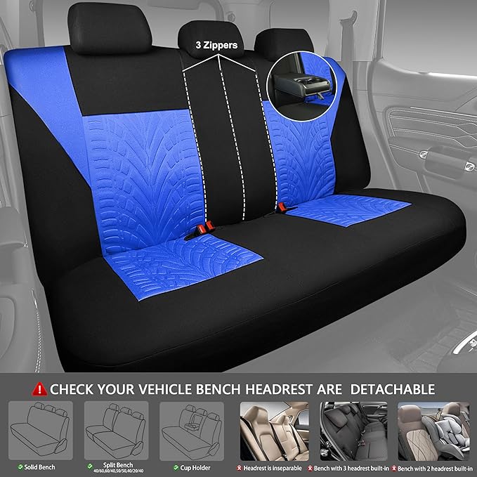 CAR PASS Car Seat Covers Full Sets, Front & Split Rear Bench for Car, 3D Tyre Embossed Automotive Interior Covers, Airbag Com