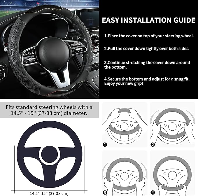 PU Leather Steering Wheel Cover 14.5-15 Inch, Carbon Fiber Style Grip, Non-Slip & Breathable, Universal for Sedan SUV Truck V