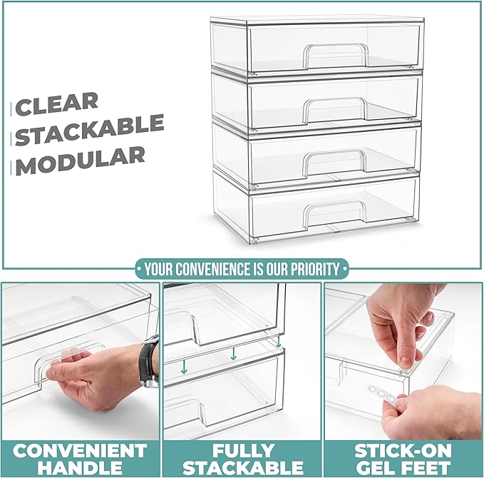 Sorbus Acrylic Storage Containers - 4 Pack, Stackable Storage Bins Set for Bathroom Organization - Clear Acrylic Drawer Organ