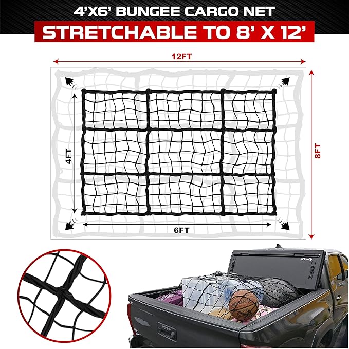 [Premium] 4'x6' Heavy Duty Cargo Net Stretches to 8' x 12', Extra Thick 10mm Cord Bungee Cargo Netting for Pickup Truck Bed, Roof Rack Net & 12 PCS Steel Carabiners
