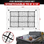 [Premium] 4'x6' Heavy Duty Cargo Net Stretches to 8' x 12', Extra Thick 10mm Cord Bungee Cargo Netting for Pickup Truck Bed, Roof Rack Net & 12 PCS Steel Carabiners