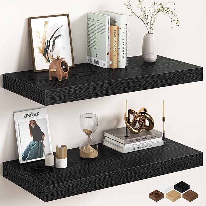 30Inch Black Floating Shelves for Wall, 12 Inch Deep Shelves for Bedroom, Kitchen, Bathroom Wall Mounted, Rustic Wood Floatin