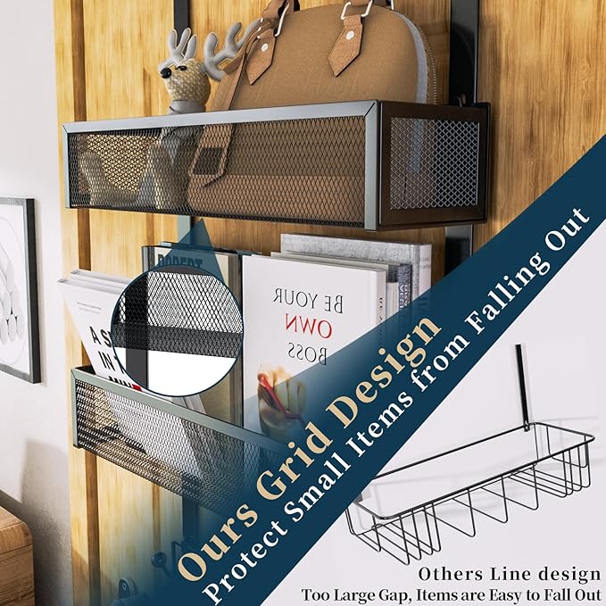 Consumest Over The Door Hooks Organizer - Extra Long Door Hanger with 9 Coat Hooks & 2 Mesh Basket, Back Storage Organizer Ha
