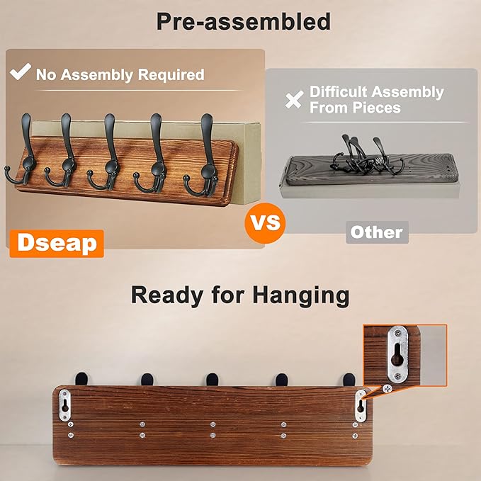 Dseap Coat Rack Wall Mount - Heavy-Duty Robust Barnwood-Style Wooden Wall Coat Hanger Hook Rail with 5 Triple Hooks for Winte