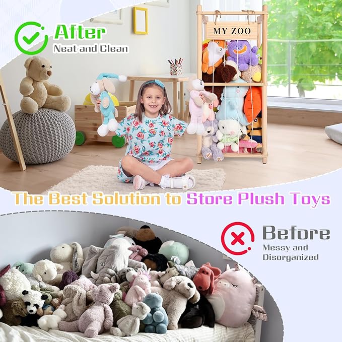 GLDZI Stuffed Animal Storage Zoo, Wooden Stuffed Animal Organizer with Elastic Cords for Boys Girls, Space Saving Toy Plushie