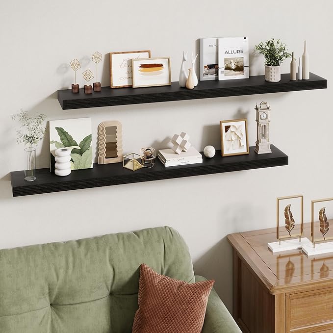 48 Inch Floating Shelves | 6.5 Inch Deep Black Floating Shelves Set of 2 | 48" W x 6.5" D Rustic Black Wood Wall Shelves with