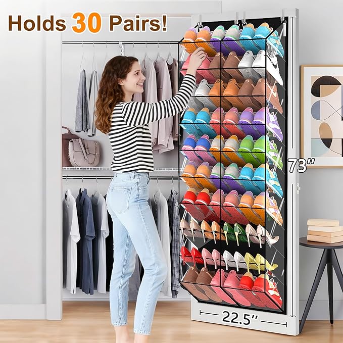 20-30 Pairs Over the Door Shoe Organizer, Transparent PVC Hanging Shoe Rack for Closet, 10-Tier Door Shoes Storage, Crystal-C