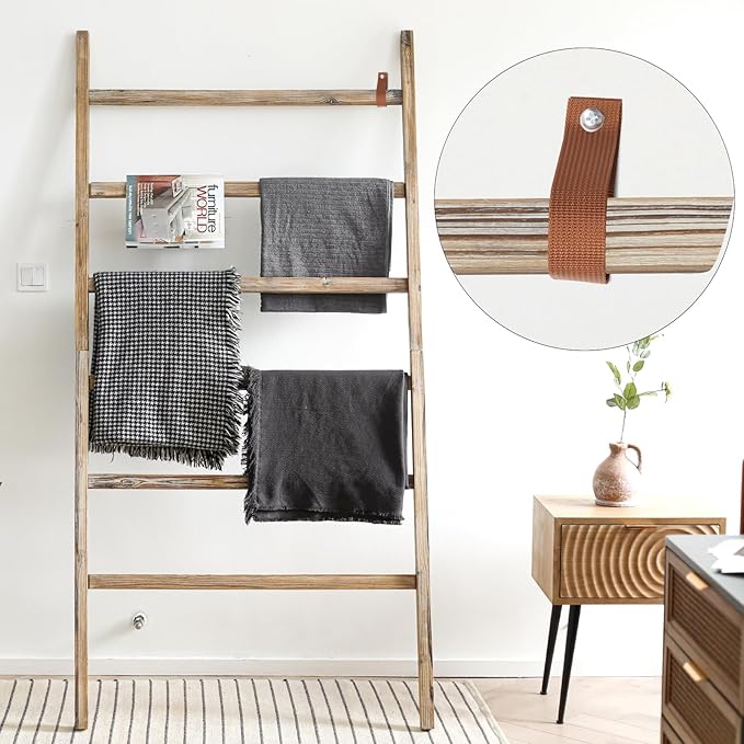 FUIN Extra Wide 6.4ft Wooden Blanket Ladder Living Room Decorative Wal Leaning Farmhouse Quilt Display Holder Rustic Wood Tow