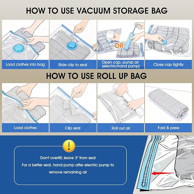 AROIC 50 Pack Vacuum Storage Bags, 5 Sizes + 2 Roll-up (8 Each) Space Saver Vacuum Sealer Bags for Clothing with 1 Electric P