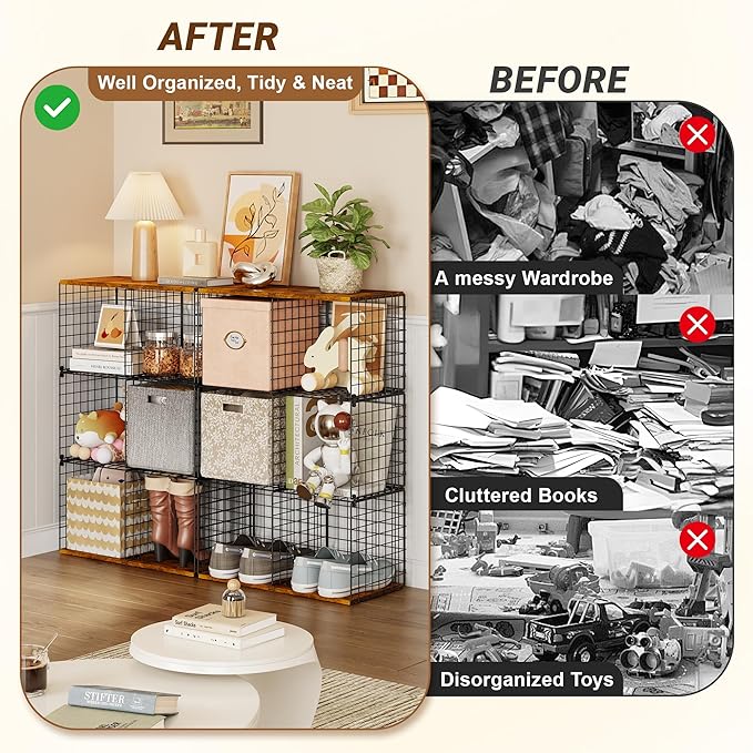 Wire Cube Closet Organizer and Storage Shelf with Extra Woodtop, 11.8“ Sturdy 6 Cube Storage Organizer Shelf, Modular Cubby S