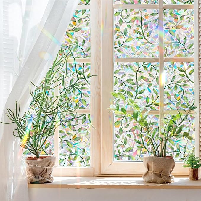 Niviy Leaf Rainbow Window Film, Stained Glass Window Film Glass Decals Static Cling Stickers, Windows Tint for Home Bathroom (16.93 x 39.37inch)