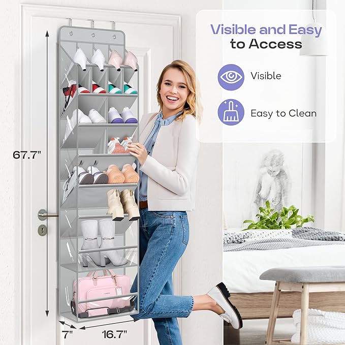 MISSLO Clear Over the Door Shoe Organizer Large Deep Pockets Hanging Shoe Rack for Closet Fit 20 Pairs Shoe Holder for Sneake