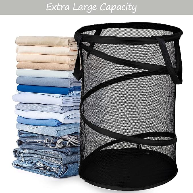 BATTOO 2 Pack Black Large Collapsible Laundry Basket Foldable Mesh Pop Up Hamper with Handles for Laundry Room, Bathroom, Kid