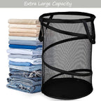 BATTOO 2 Pack Black Large Collapsible Laundry Basket Foldable Mesh Pop Up Hamper with Handles for Laundry Room, Bathroom, Kid