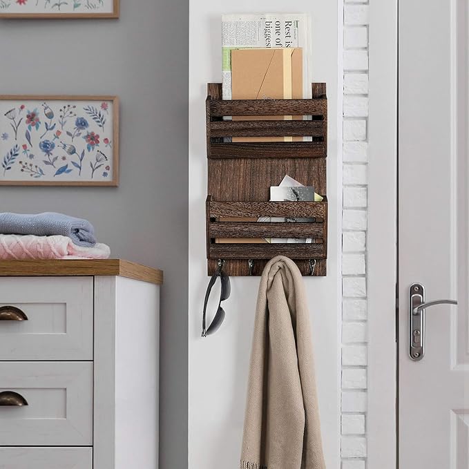 BTY Mail Holder for Wall, Wooden Mail Sorter with 4 Key Hooks, 2 Slot Wall Mounted Mail Sorter Letter Bills Newspaper Magazin