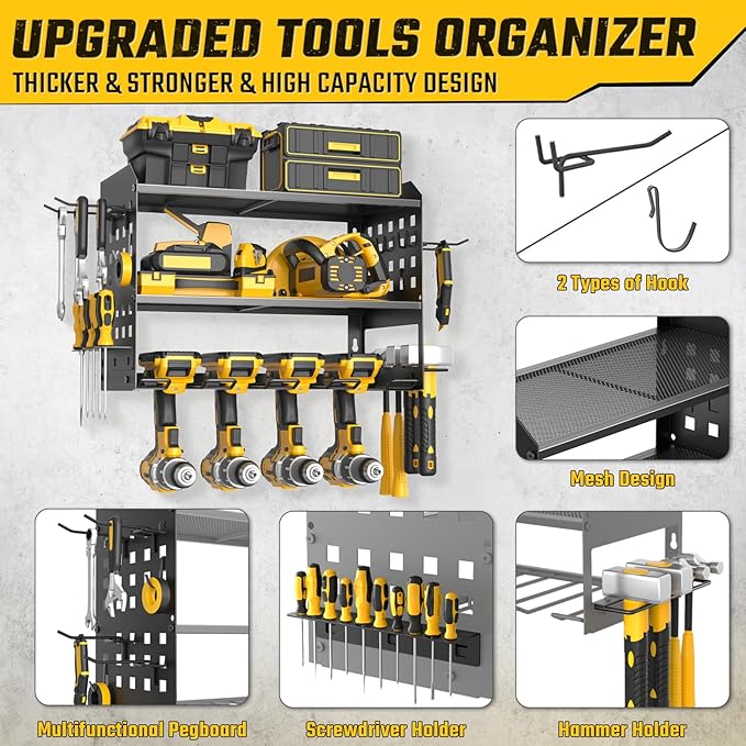 SUNALLY Power Tool Organizer, Heavy Duty Wall Mount Tool Organizer 3 Layers with 4 Drill Holders, Garage Tools Storage Rack w