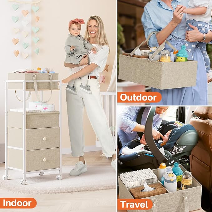 Modanais Baby Diaper Caddy Organizer Cart with Drawers - 3In1 Rolling Storage Cart with Wheels, Removable Diaper Caddy, Detac