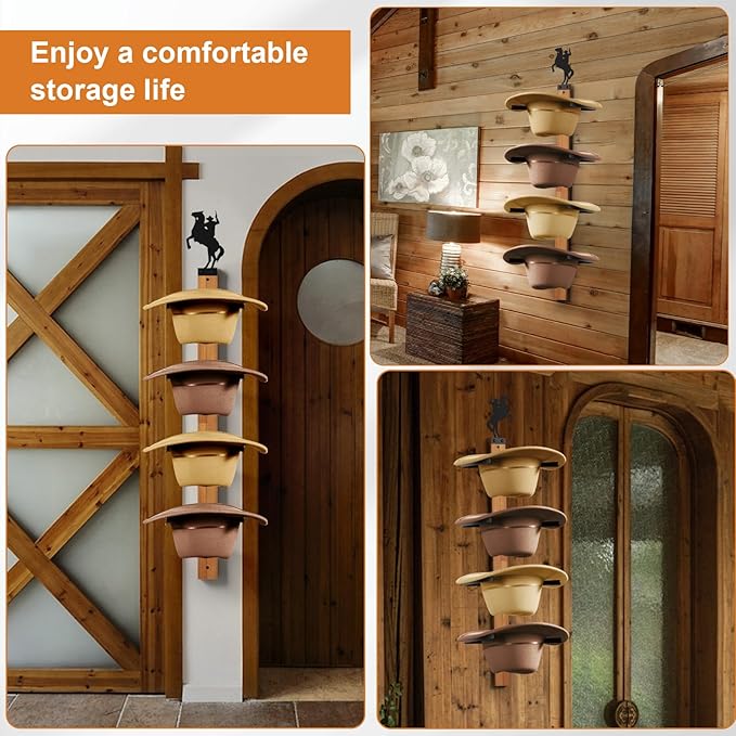 Cowboy Hat Rack, 4 Pieces Hat Rack for Cowboy with Wooden Board, Gift Cowboy Hat Holder Wall Storage-Organizer Western Hats w