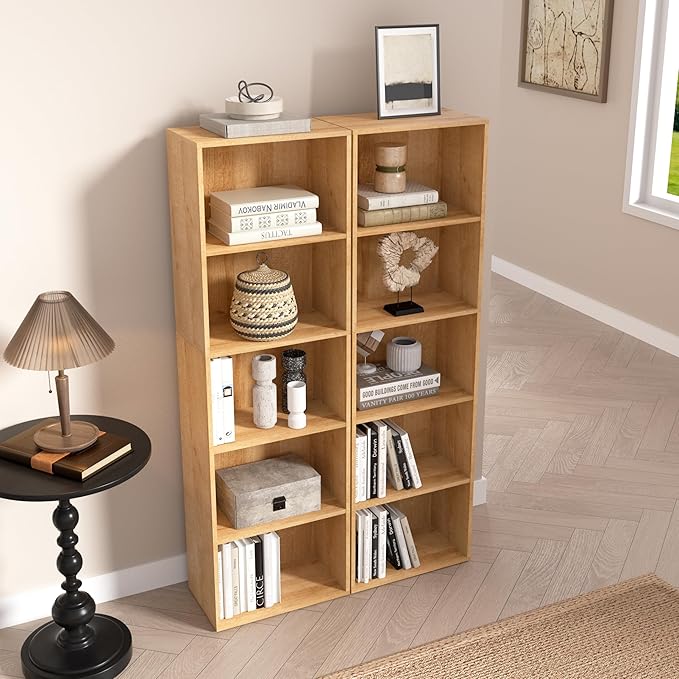 Wooden 5 Cube Storage Organizer, Oak 5 Tier Bookcase Bookshelf Freestanding Storage Display Organizer, Versatile Cubes Open S
