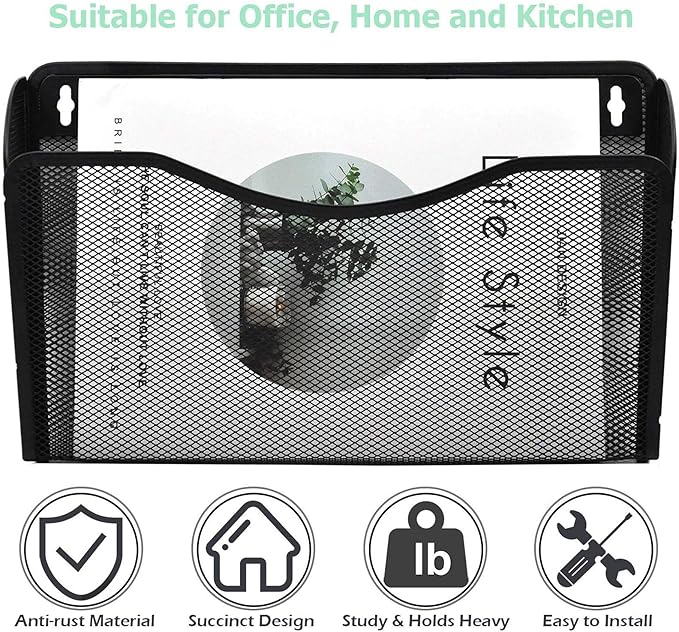 EASEPRES 3 Single Pocket Mesh Hanging File Organizer, Vertical Wall Mounted Magazine File Holder, Mount Basket Mail Paper Doc