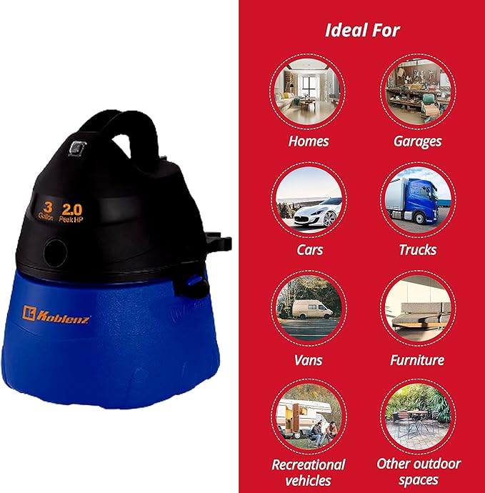 Koblenz WD-353L Portable Wet-Dry Vacuum Cleaner, 3 Gallon Tank, 2.0 HP Vacuum Cleaner with Several Accessories, 5 Year Warran