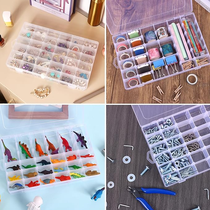 OUTUXED 4 Pack 36 Grids Plastic Bead Organizer Box with Dividers, Clear Craft Tackle Box Parts Storage Containers with Compar