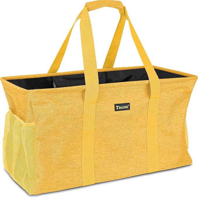 BALEINE Extra Large Utility Tote Bag with Reinforced Wire Frame, Reusable Grocery Bag for Shopping, Picnic (Yellow, 22''x12''x10'')