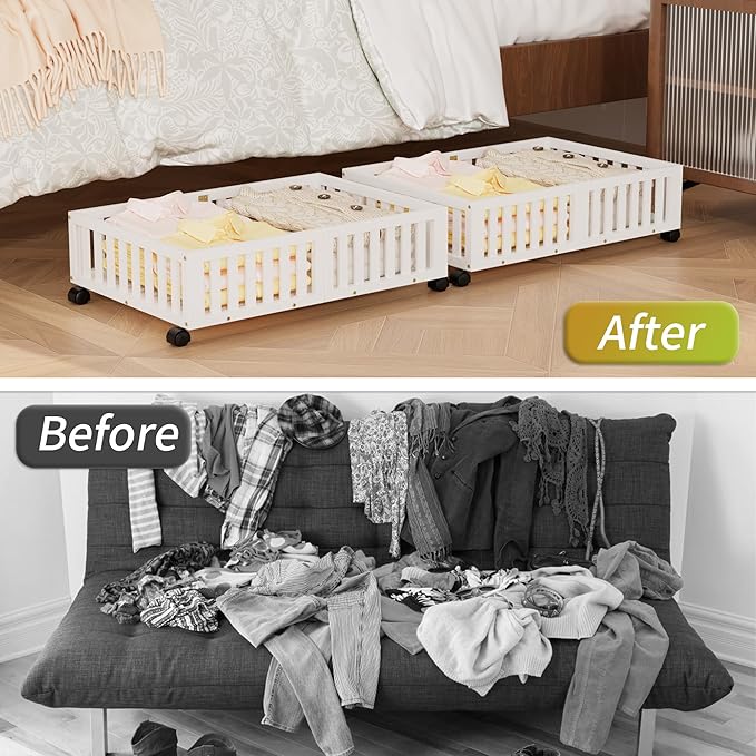 Bamboo Under Bed Storage with Wheels,Rolling Underbed Shoe Organizer Box for Shoes,Blankets,Toys,Clothes Container Space-Savi