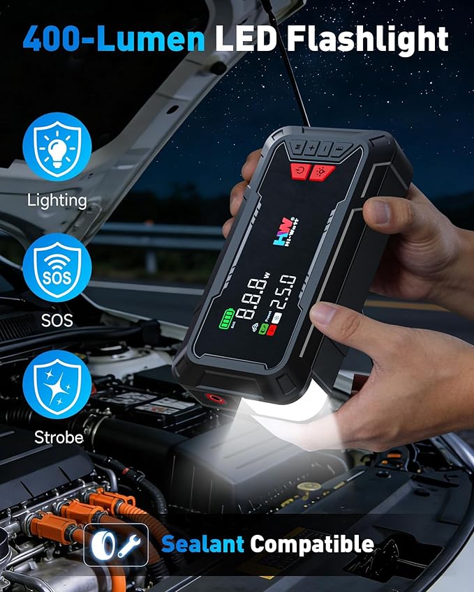 HW Car Battery Jump Starter with Air Compressor, [44.4Wh, 160PSI] True 2000A Portable Car Jumper Pack (8.5 Gas/6.5L Diesel), 12V Jump Box with Jumper Cables/Air Chucks/USB-C Cables-65W Fast Charging