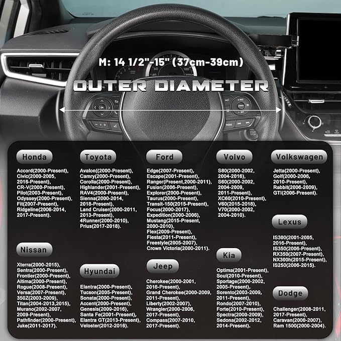 SEG Direct Steering Wheel Cover 14.5-15 inch (37-39 cm) Medium Size, Microfiber Leather, Non-Slip Comfortable Grip, Fits Cars